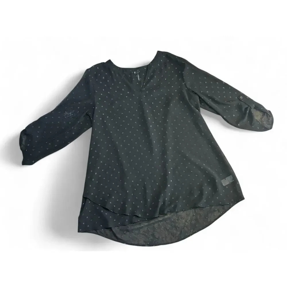 Maurices Women's Black Sparkly Blouse Sheer Roll Up Sleeves V- Neckline Large